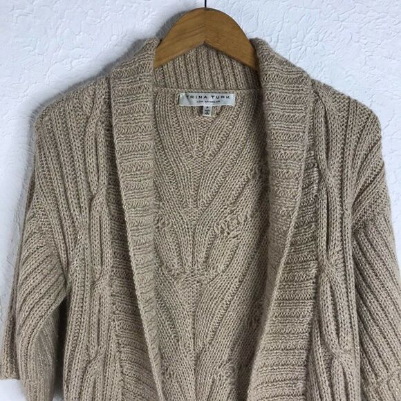 Trina Turk Petite Beige Cardigan Sweater Alpaca Cable Knit Short Sleeve Sz P - Picture 3 of 12